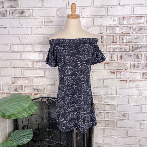 Guess Jeans Navy Floral Off Shoulder Tie Back Short Sleeve Mini Dress L - Picture 1 of 10